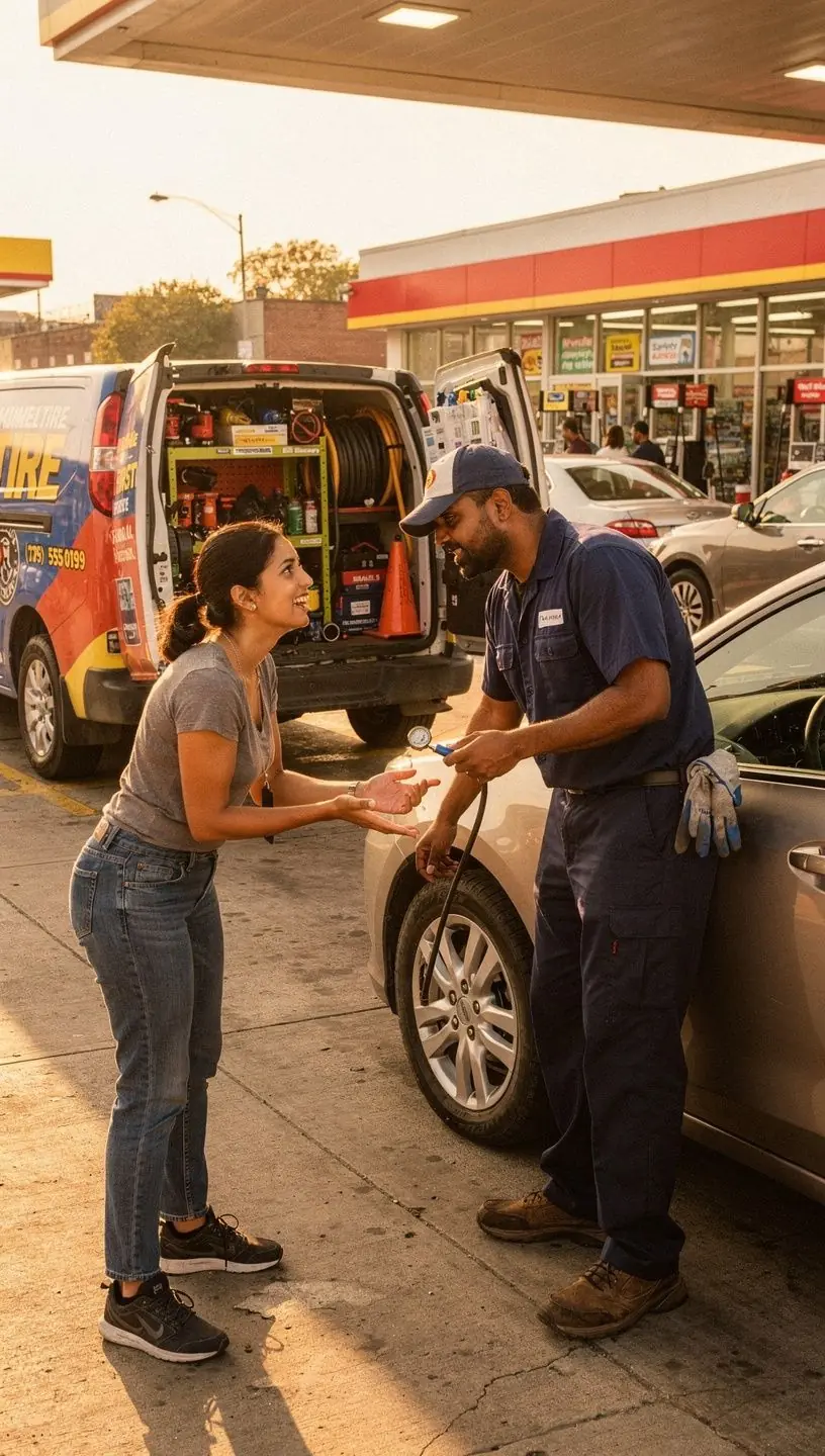 Roadside assistance worker inspecting tire pressure and tread depth on an SUV in an urban setting.